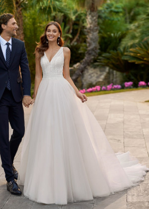 Beaded V Neck Ivory Lace Tulle Keyhole Back Dreamy Wedding Dress